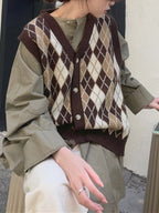 V Neck Button Front Argyle Sweater Vest