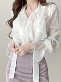 Ruffle Semi Sheer Long Sleeve Blouse
