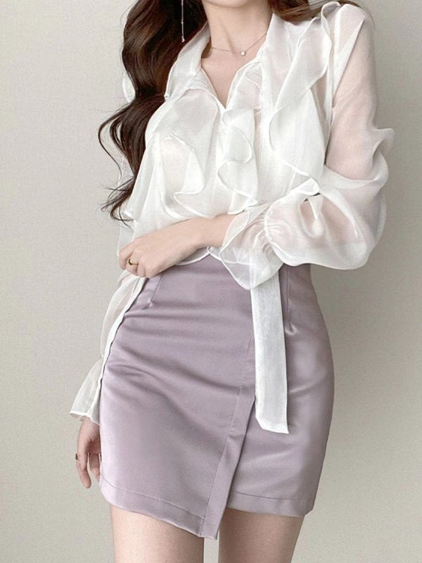 Ruffle Semi Sheer Long Sleeve Blouse