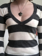 Vintage Striped V Neck Knit Top