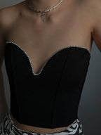 Rhinestone Trim Strapless Black Corset Top