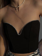 Rhinestone Trim Strapless Black Corset Top