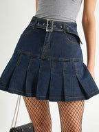 Buckle Belted Pleated Mini Skirt