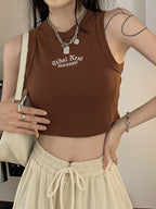 Letter Embroidery Ribbed Cropped Tank Top