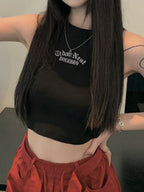 Letter Embroidery Ribbed Cropped Tank Top