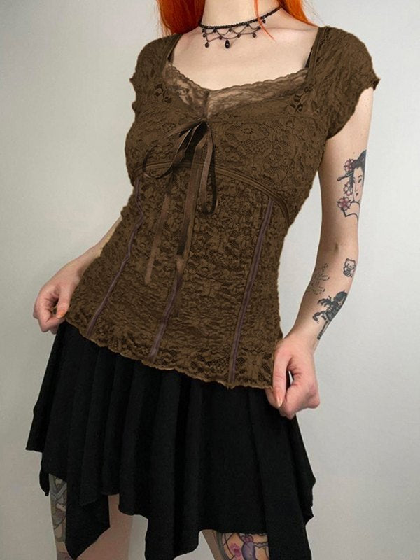 Lace Trim Crinkle Cropped Blouse