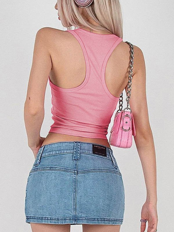 Rhinestone Letter Ribbed Cropped Tank Top