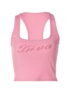 Rhinestone Letter Ribbed Cropped Tank Top