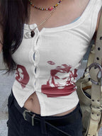 Button Front Ribbed Cropped Tank Top