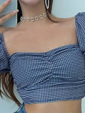 Backless Checkered Puff Sleeve Cropped Blouse