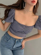 Backless Checkered Puff Sleeve Cropped Blouse