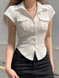 Front Pocket Buttoned Cropped Blouse