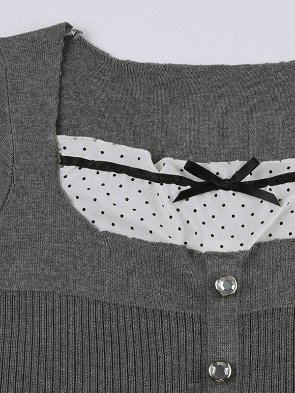 Ruffle Patchwork Buttoned Knit Top