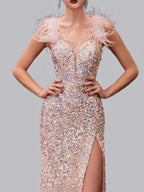 Pink Feather Sequins Maxi Dresses