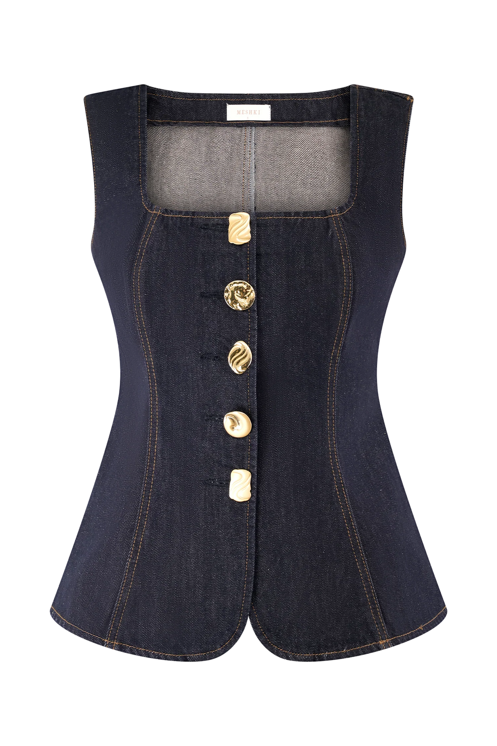 Stassi Denim Square Neck Unique Button Up Princess Seams Vest Top