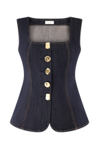 Stassi Denim Square Neck Unique Button Up Princess Seams Vest Top