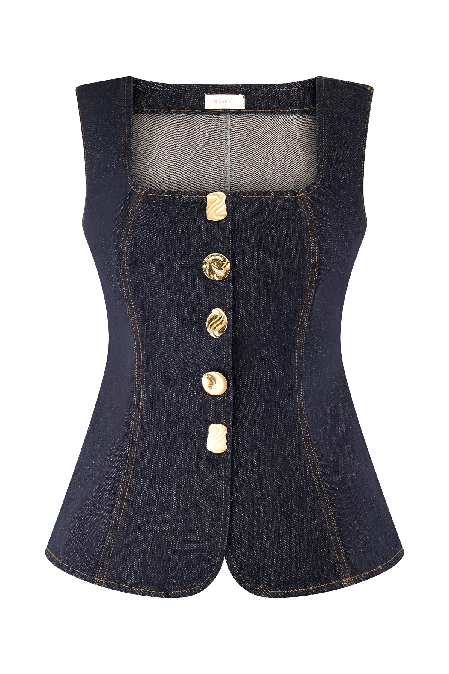 Stassi Denim Square Neck Unique Button Up Princess Seams Vest Top