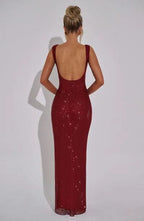 Rhinestone Mesh Square Neck Tank Strap Bodycon Maxi Dress