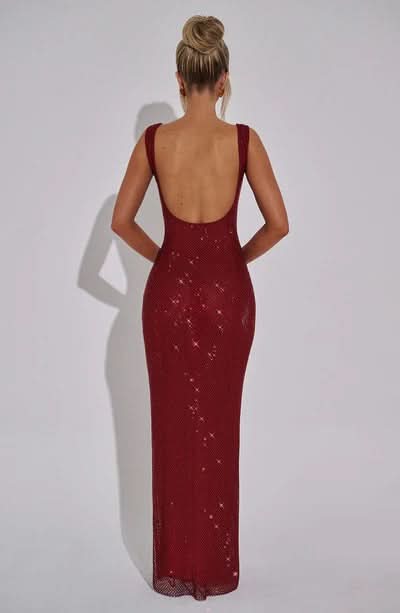 Rhinestone Mesh Square Neck Tank Strap Bodycon Maxi Dress