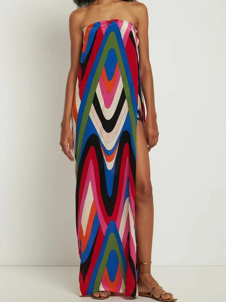 Strapless Wave Chevron Print High Side Slit Maxi Dress