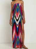 Strapless Wave Chevron Print High Side Slit Maxi Dress