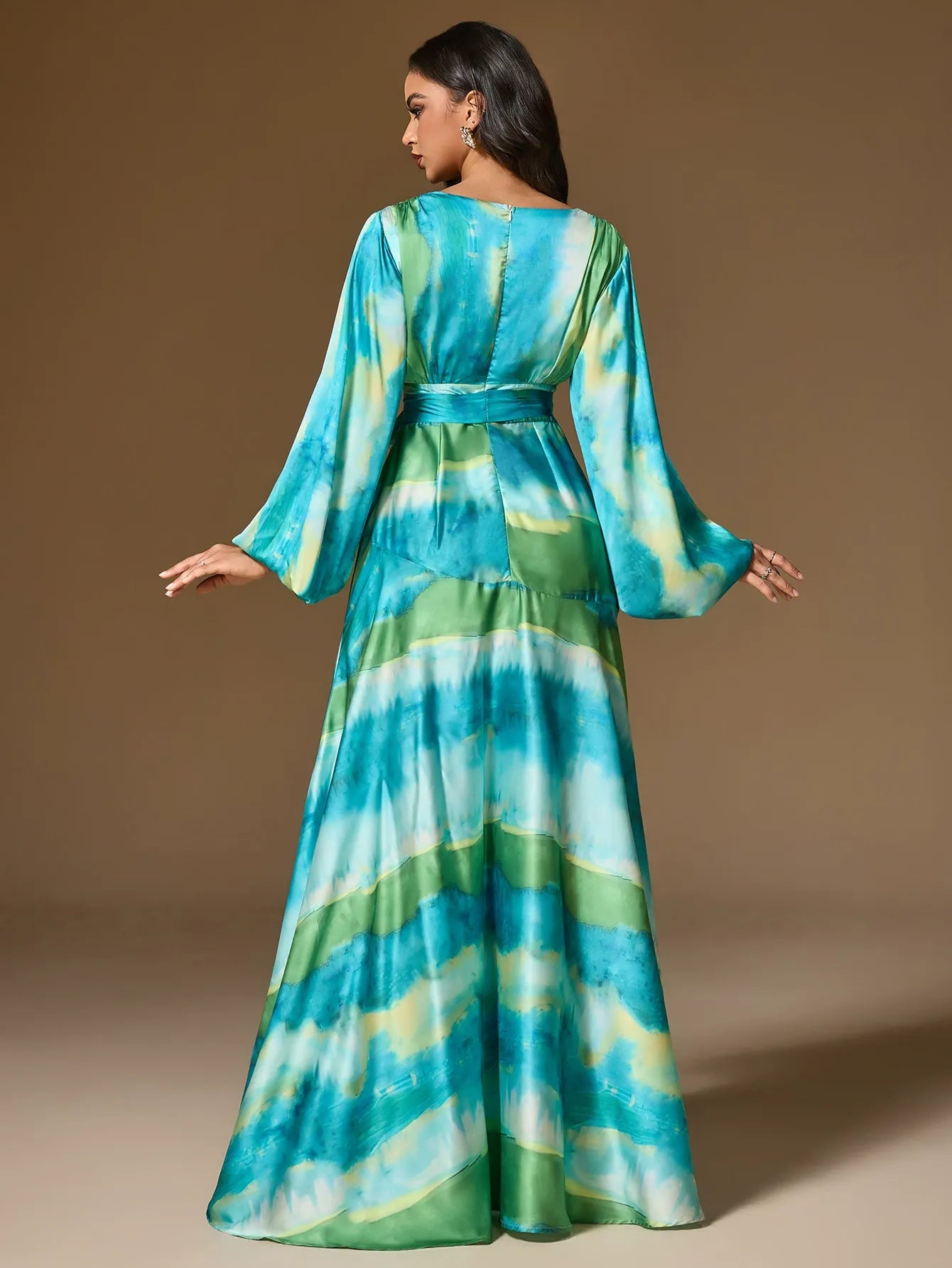 Watercolor Stripe Print Halter Neck Bishop Sleeve Tie Waist Slit Maxi Dress