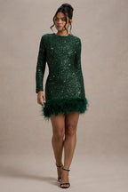 Sequin Long Sleeve Crew Neck Feather Hem Bodycon Mini Dress