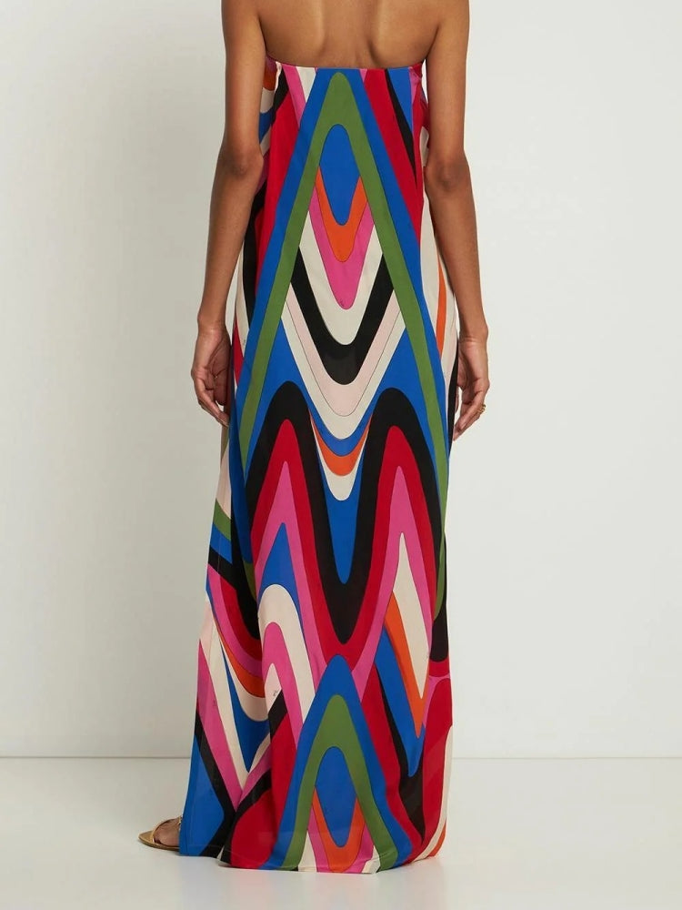 Strapless Wave Chevron Print High Side Slit Maxi Dress
