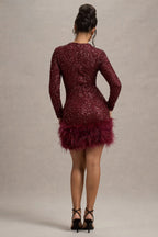 Sequin Long Sleeve Crew Neck Feather Hem Bodycon Mini Dress