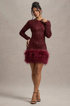 Sequin Long Sleeve Crew Neck Feather Hem Bodycon Mini Dress
