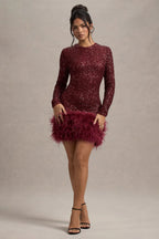 Sequin Long Sleeve Crew Neck Feather Hem Bodycon Mini Dress