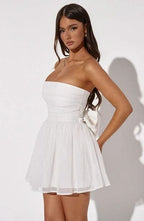 Strapless Ruched Bodice Glitter Tulle Skater Mini Dress