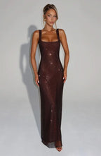 Rhinestone Mesh Square Neck Tank Strap Bodycon Maxi Dress