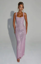 Rhinestone Mesh Square Neck Tank Strap Bodycon Maxi Dress