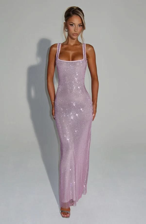 Rhinestone Mesh Square Neck Tank Strap Bodycon Maxi Dress