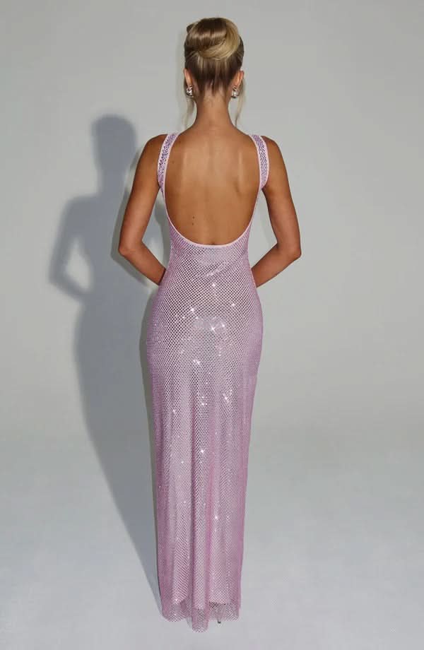 Rhinestone Mesh Square Neck Tank Strap Bodycon Maxi Dress