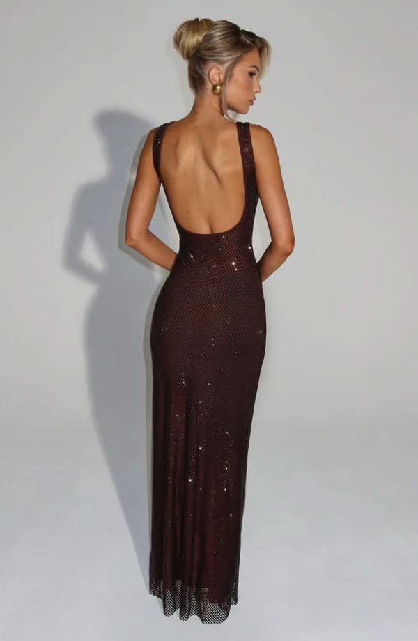 Rhinestone Mesh Square Neck Tank Strap Bodycon Maxi Dress