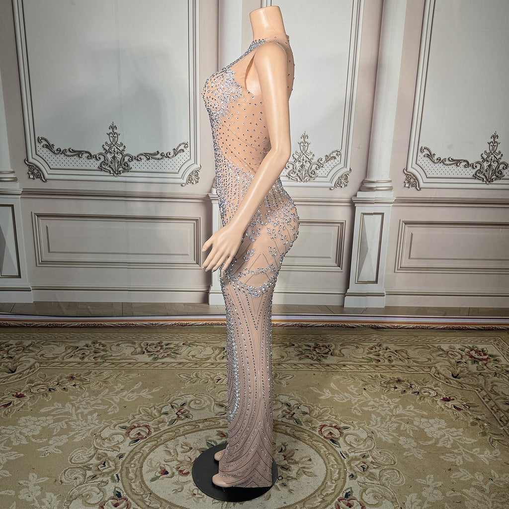 Sequin Crystal Embellished Illusion Halter Keyhole Cutout Mermaid Gown