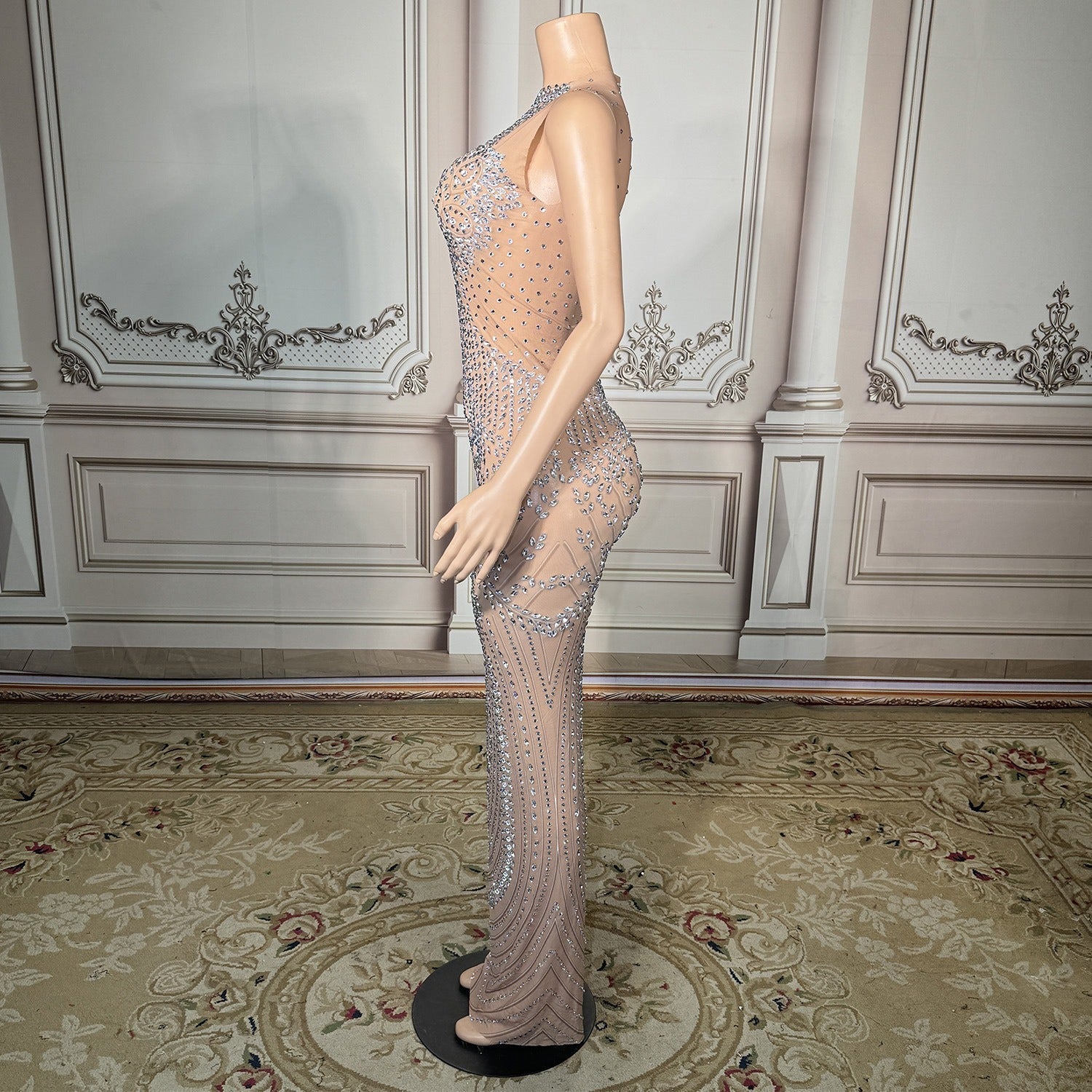 Sequin Crystal Embellished Illusion Halter Keyhole Cutout Mermaid Gown