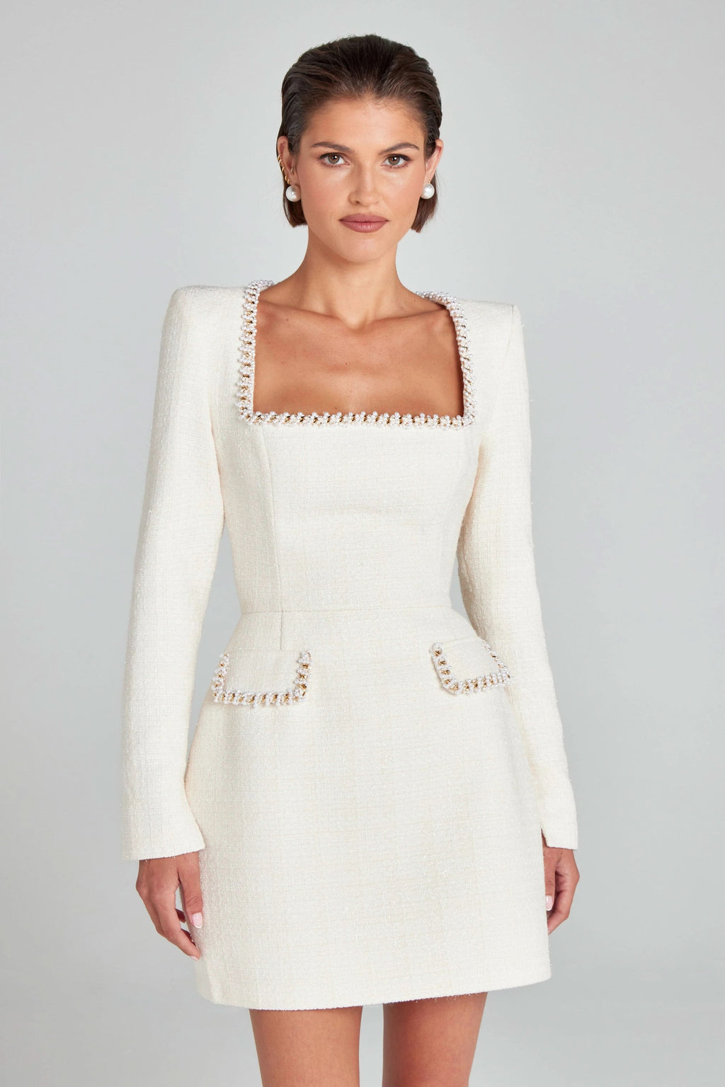 Tweed Square Neck Pearl Trim Long Sleeve Structured Mini Dress