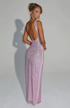 Rhinestone Mesh Square Neck Tank Strap Bodycon Maxi Dress