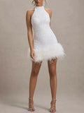 Sequin Halter Neck Feather Trim Bodycon Mini Dress