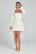 Tweed Square Neck Pearl Trim Long Sleeve Structured Mini Dress