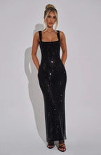 Rhinestone Mesh Square Neck Tank Strap Bodycon Maxi Dress