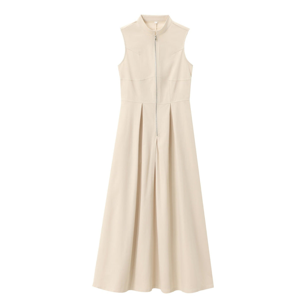 Drawstring sleeveless zip-up solid ruched mini dress