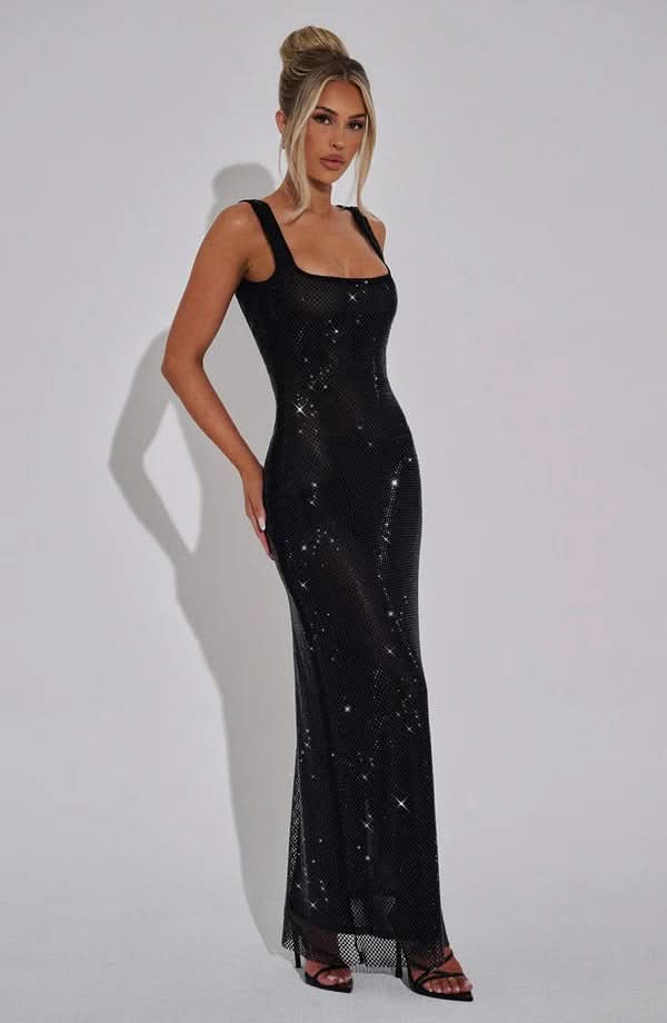 Rhinestone Mesh Square Neck Tank Strap Bodycon Maxi Dress