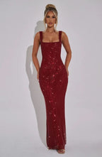 Rhinestone Mesh Square Neck Tank Strap Bodycon Maxi Dress