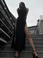 Hollow out sleeveless lace up slit solid maxi dress