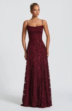 Cowl Neck Spaghetti Strap Floral Jacquard Burnout Fit and Flare Maxi Dress