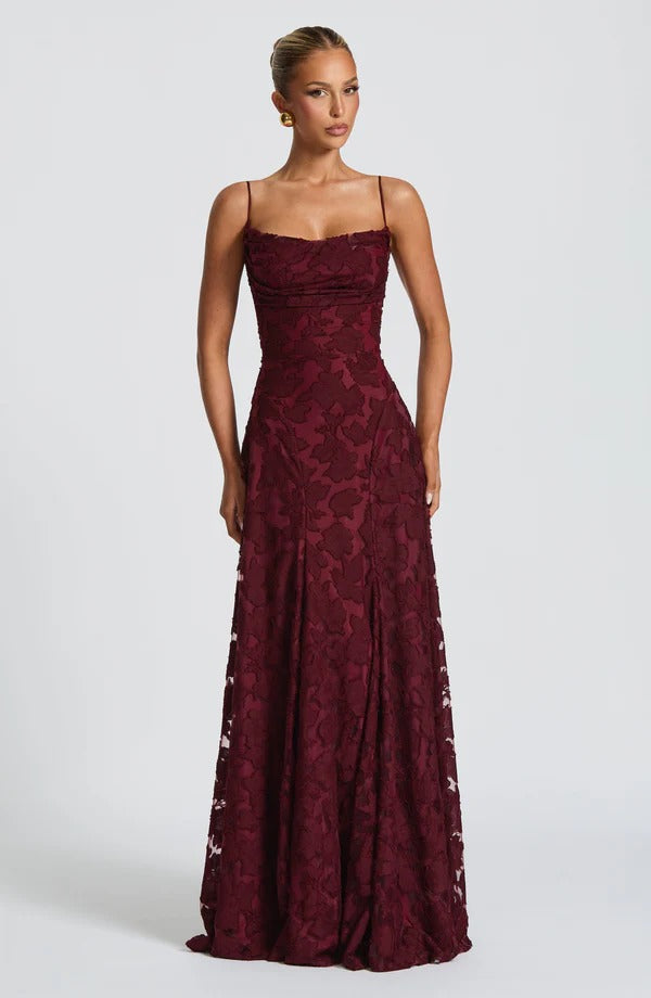 Cowl Neck Spaghetti Strap Floral Jacquard Burnout Fit and Flare Maxi Dress